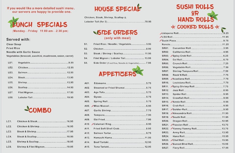 Lunch and dinner menu with Japanese dishes